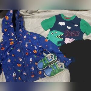 Regatta Blue Space Rain Jacket + Dino Roar Tee and Green Sneakers